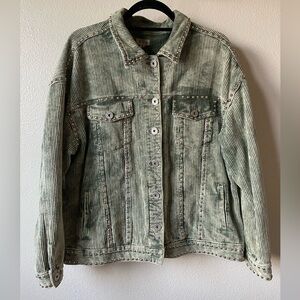 POL Olive Green Studded Corduroy Oversized Jacket